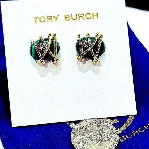TORY BURCH LOGO MALACHITE & GOLD STUD EARRINGS - Picture 1 of 3